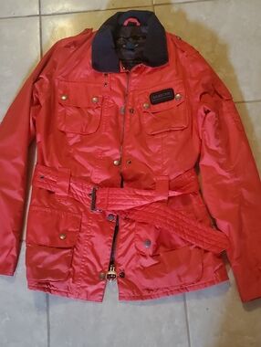 Barbour Orange  Collar Quilted-Belt Utility Jacket with Contrast Collar